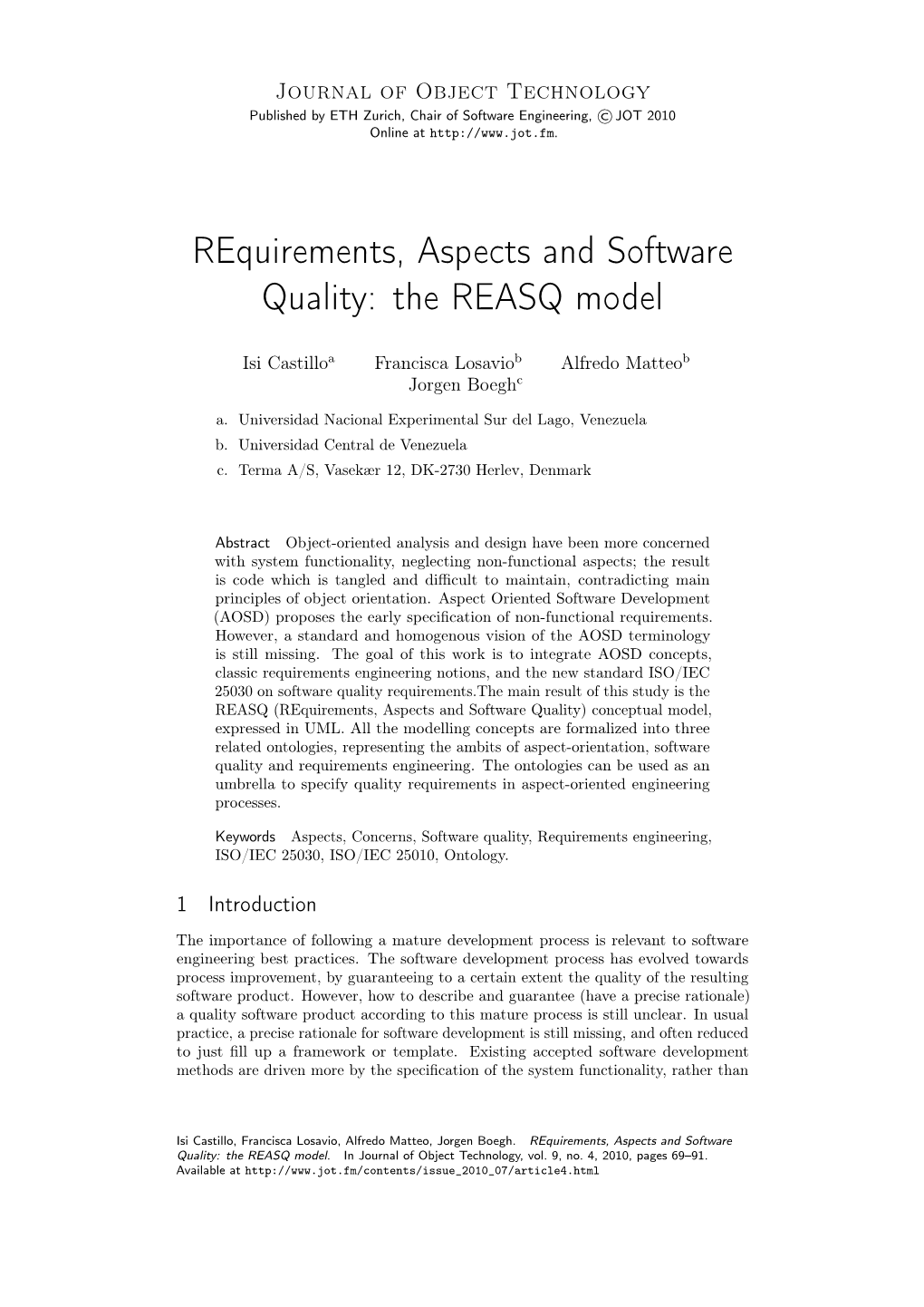 Requirements, Aspects and Software Quality: the REASQ Model