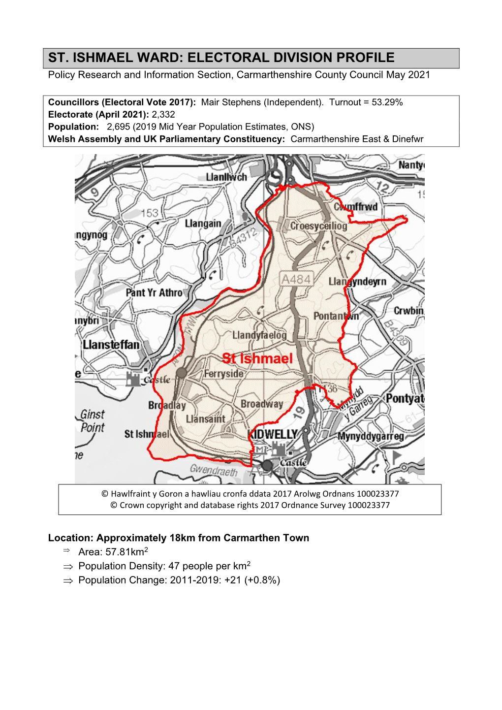 ST. ISHMAEL WARD: ELECTORAL DIVISION PROFILE Policy Research and Information Section, Carmarthenshire County Council May 2021