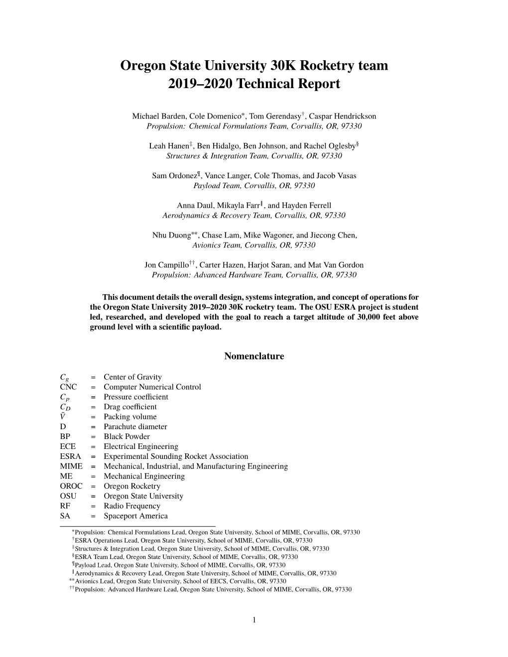 Oregon State University 30K Rocketry Team 2019–2020 Technical Report