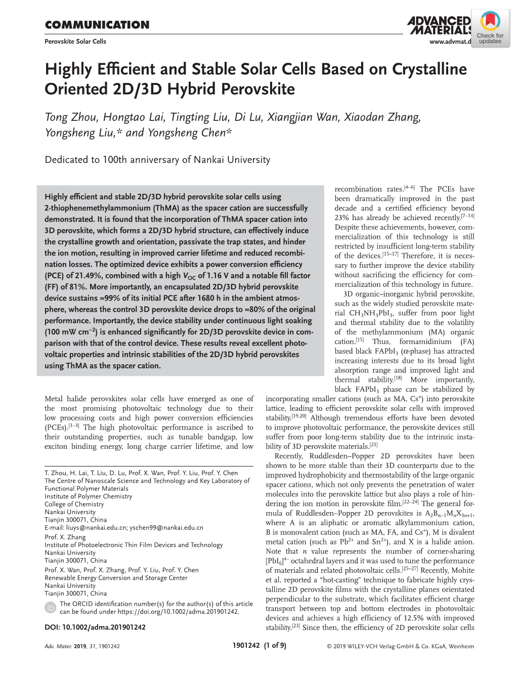 Highly Efficient and Stable Solar Cells Based on Crystalline Oriented ...