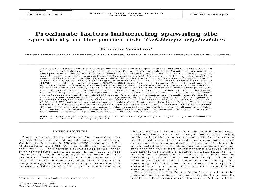 Proximate Factors Influencing Spawning Site Specificity of the Puffer Fish Takifugu Niphobles