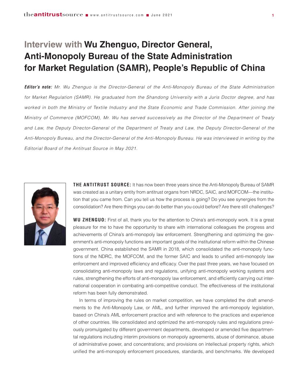 Interview with Wu Zhenguo, Director General, Anti-Monopoly Bureau of the State Administration for Market Regulation (SAMR), People’S Republic of China