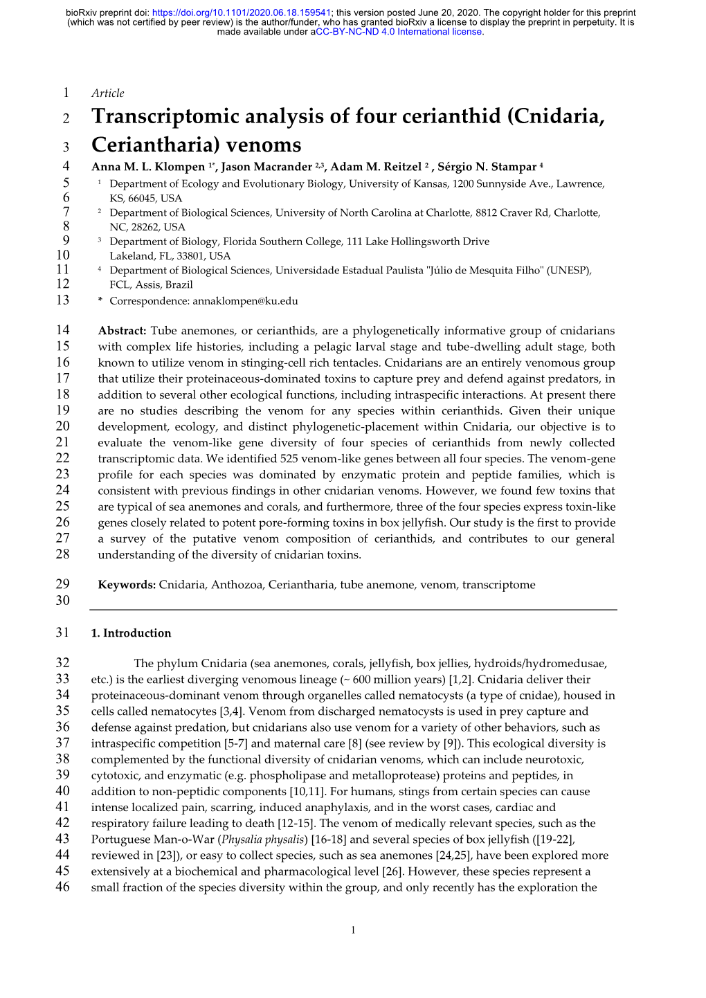 Transcriptomic Analysis of Four Cerianthid (Cnidaria, 3 Ceriantharia) Venoms 4 Anna M