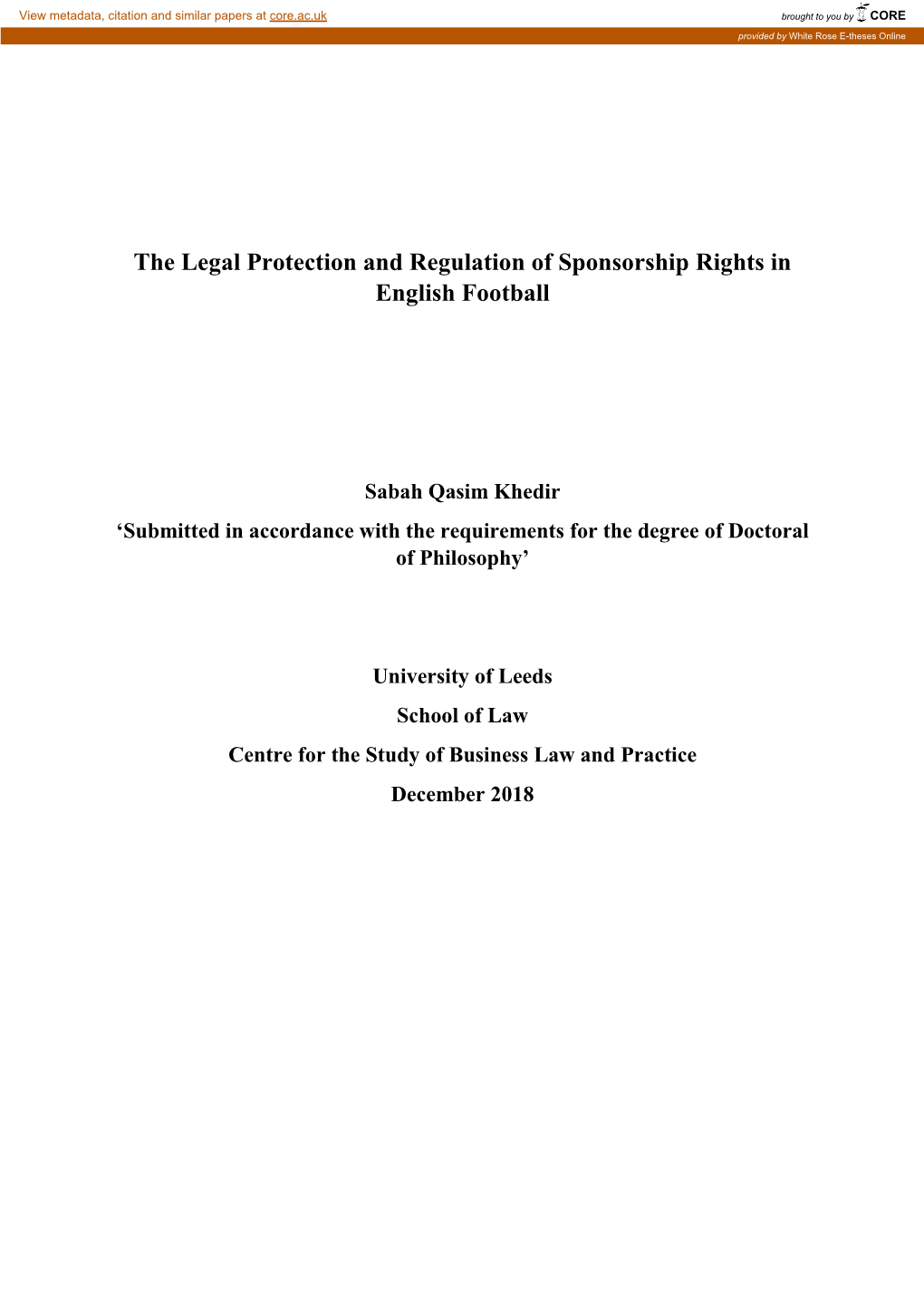 The Legal Protection and Regulation of Sponsorship Rights in English Football