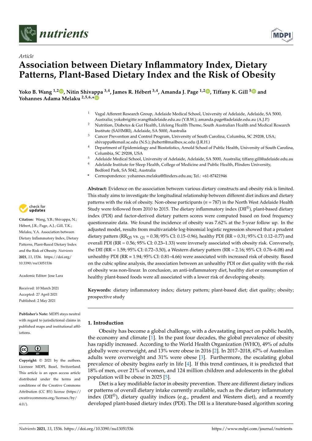 Association Between Dietary Inflammatory Index, Dietary Patterns, Plant-Based Dietary Index and the Risk of Obesity