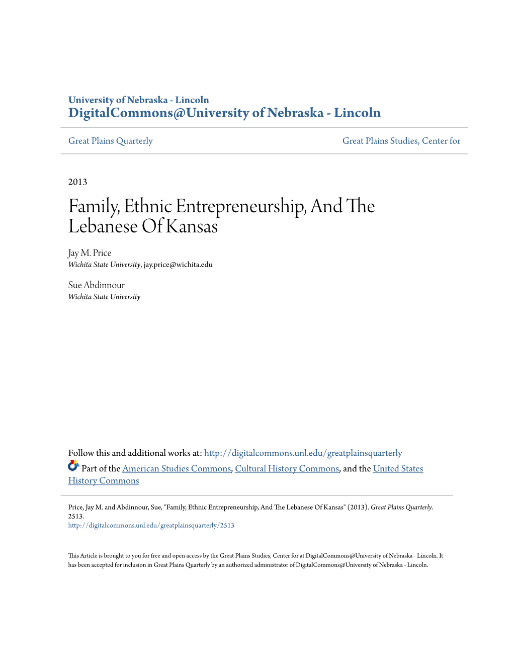 Family, Ethnic Entrepreneurship, and the Lebanese of Kansas Jay M