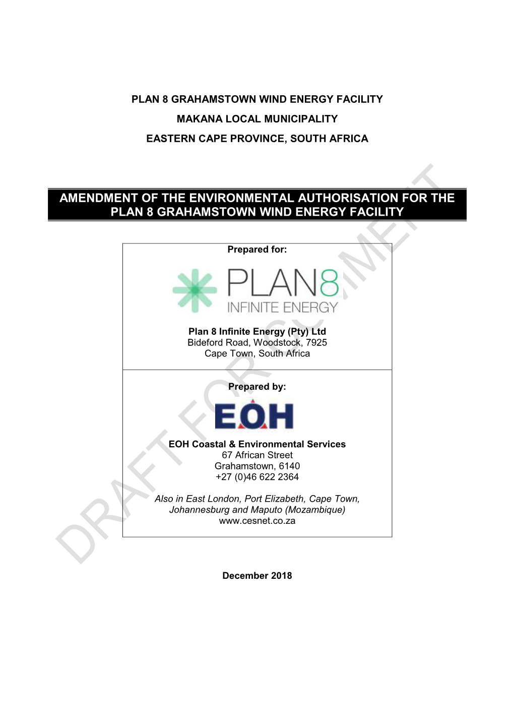 Amendment of the Environmental Authorisation for the Plan 8 Grahamstown Wind Energy Facility