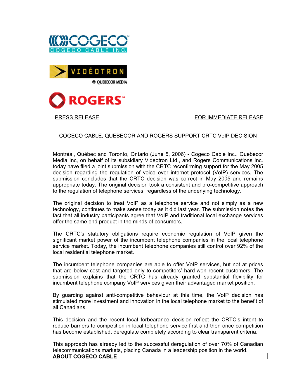 Rogers Communications Inc. Today Announced The