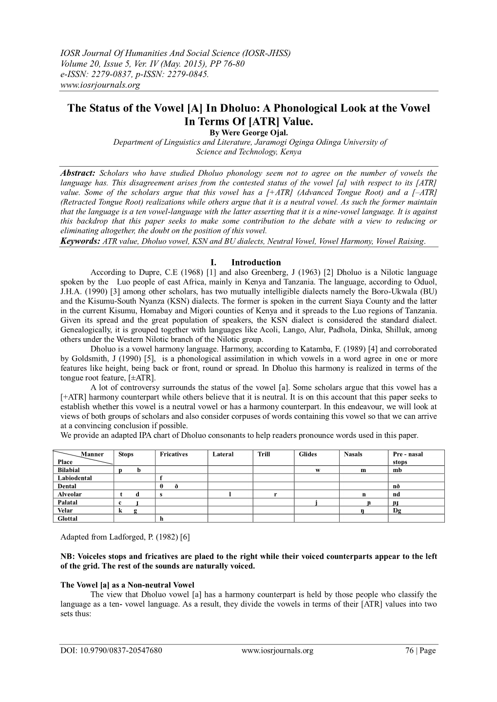 In Dholuo: a Phonological Look at the Vowel in Terms of [ATR] Value