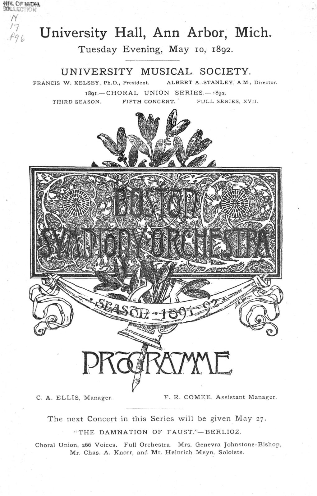 University Hall, Ann Arbor, Mich. Tuesday Evening, May 10, 1892