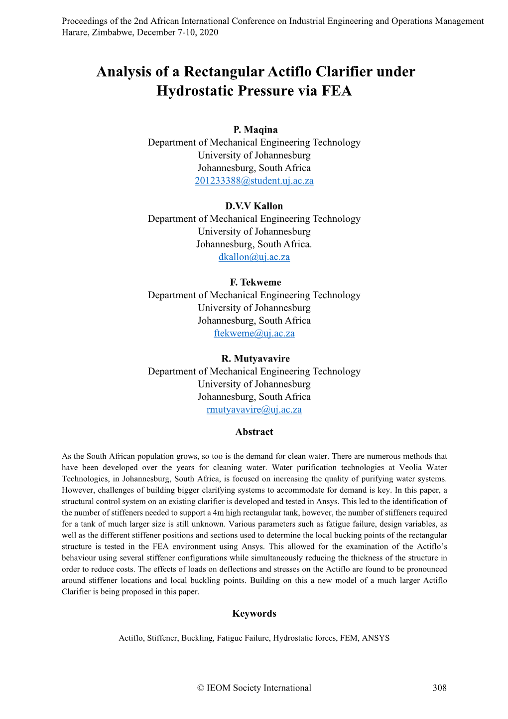 Analysis of a Rectangular Actiflo Clarifier Under Hydrostatic Pressure Via FEA