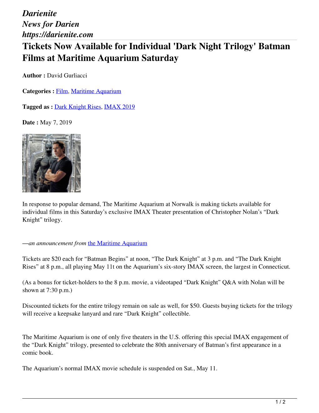 Batman Films at Maritime Aquarium Saturday