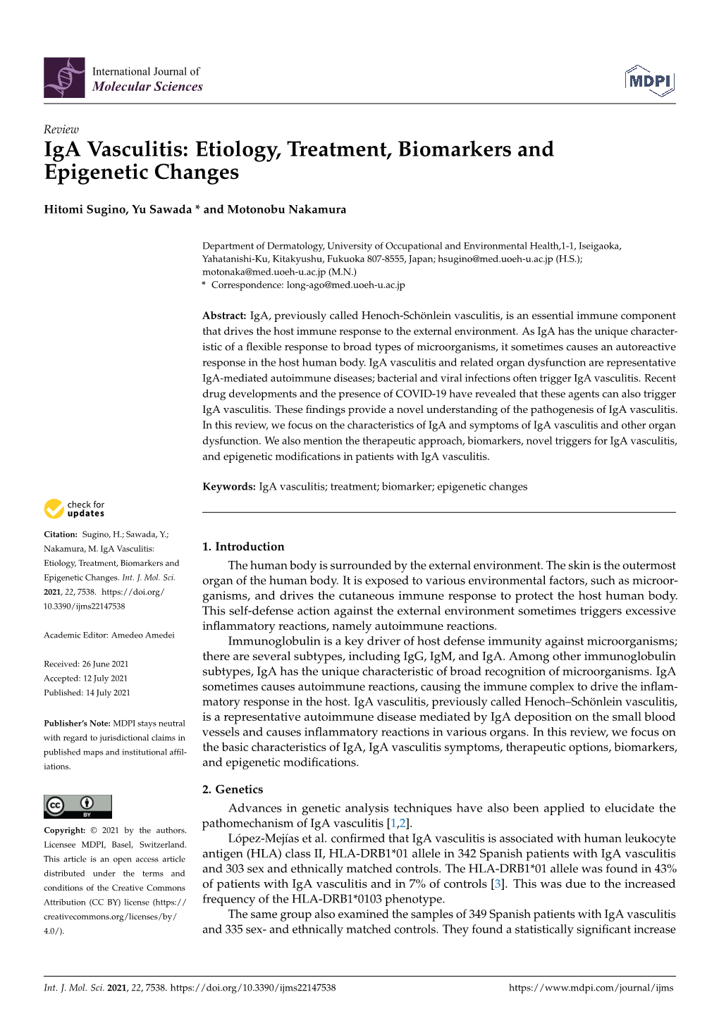 Iga Vasculitis: Etiology, Treatment, Biomarkers and Epigenetic Changes