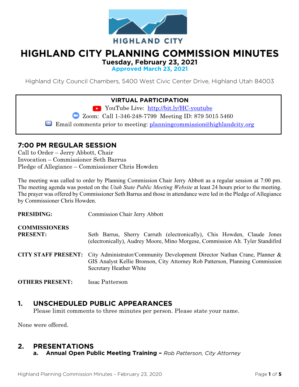 HIGHLAND CITY PLANNING COMMISSION MINUTES Tuesday, February 23, 2021 Approved March 23, 2021