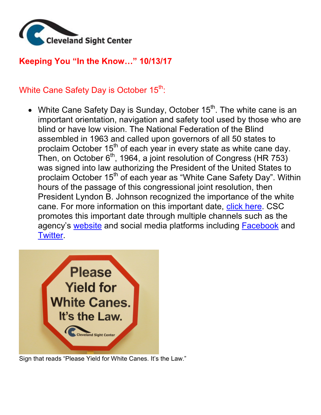 White Cane Safety Day Is Sunday, October 15Th