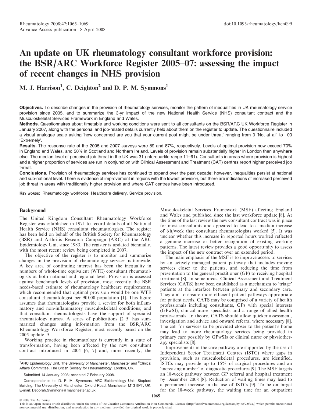 An Update on UK Rheumatology Consultant Workforce Provision: the BSR/ARC Workforce Register 2005–07: Assessing the Impact of Recent Changes in NHS Provision M