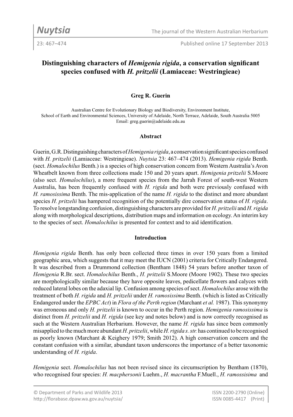 Nuytsia the Journal of the Western Australian Herbarium 23: 467–474 Published Online 17 September 2013