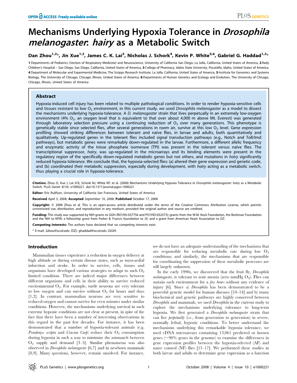 Mechanisms Underlying Hypoxia Tolerance in Drosophila Melanogaster: Hairy As a Metabolic Switch