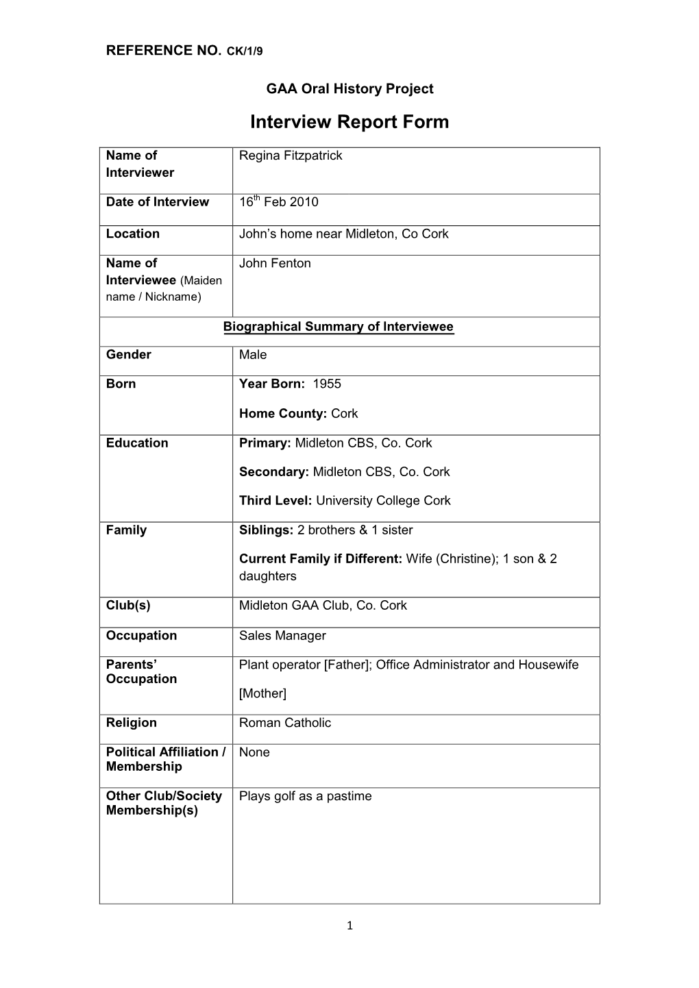 GAA Oral History Project Interview Report Form