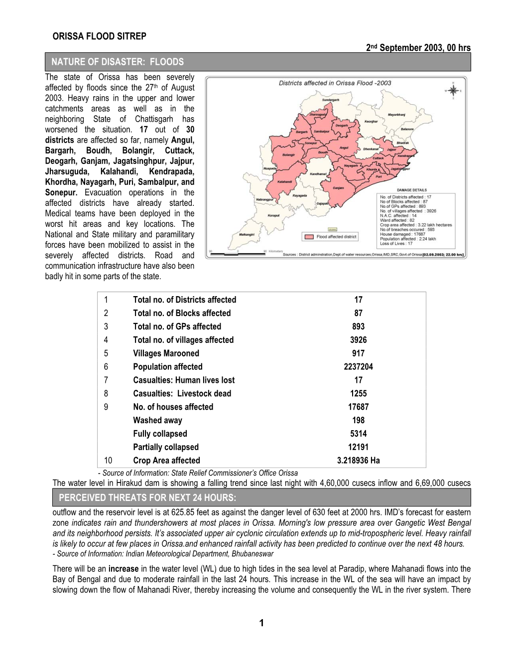 NATURE of DISASTER: FLOODS the State of Orissa Has Been Severely Affected by Floods Since the 27Th of August 2003