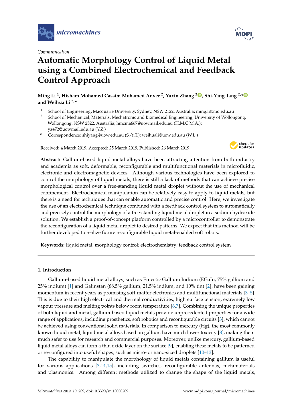 Automatic Morphology Control of Liquid Metal Using a Combined Electrochemical and Feedback Control Approach