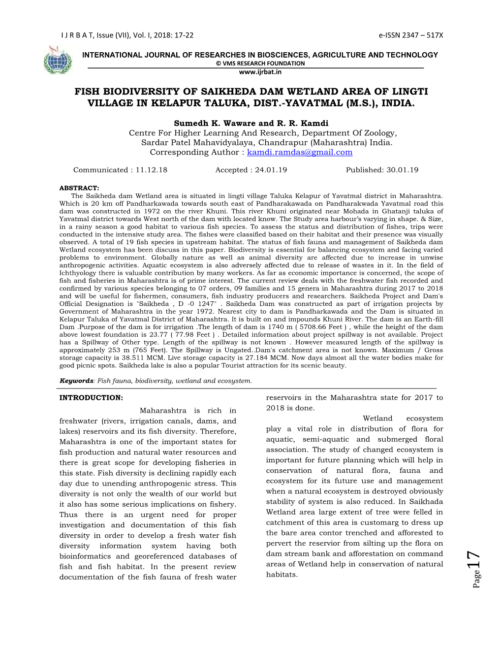 Fish Biodiversity of Saikheda Dam Wetland Area of Lingti Village in Kelapur Taluka, Dist.-Yavatmal (M.S.), India