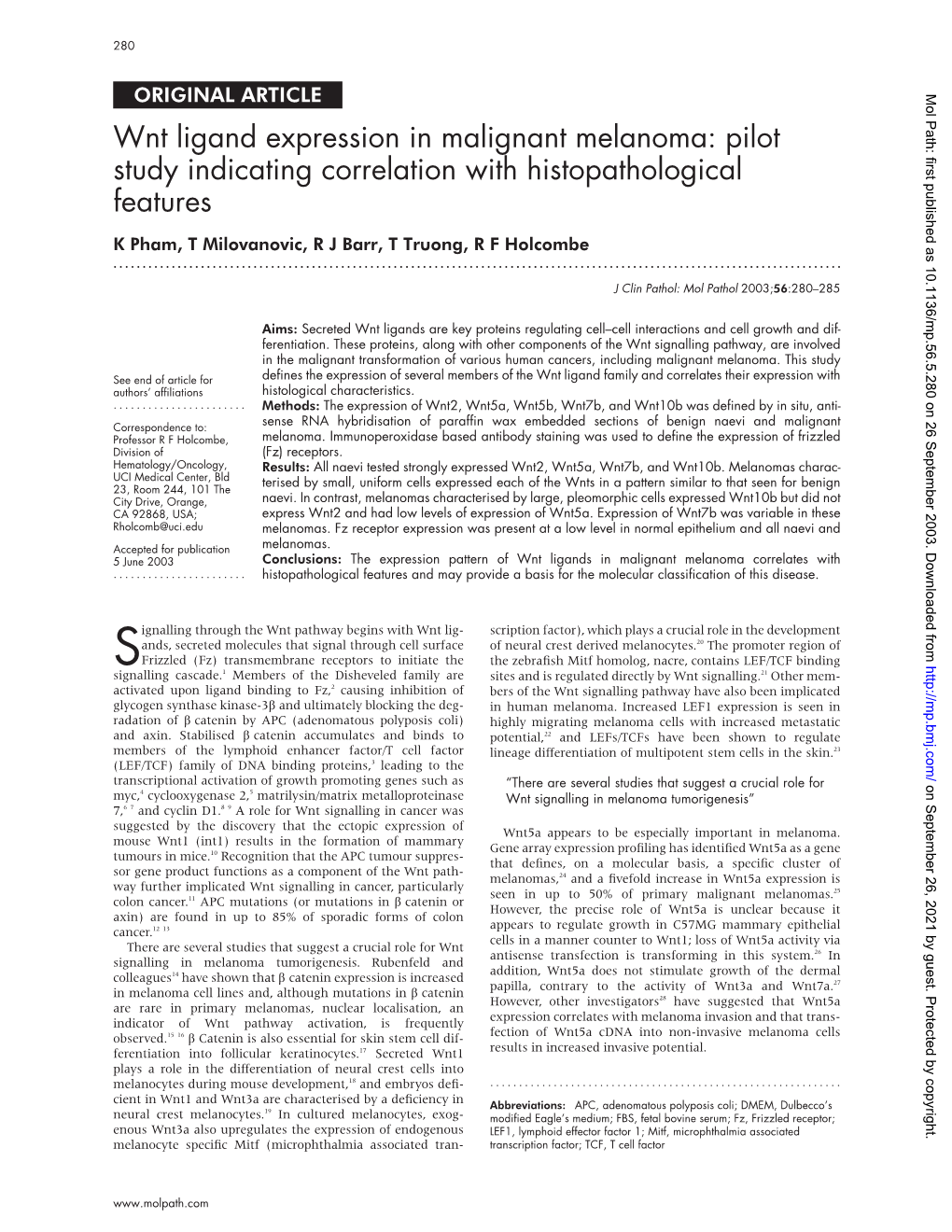 Wnt Ligand Expression in Malignant Melanoma