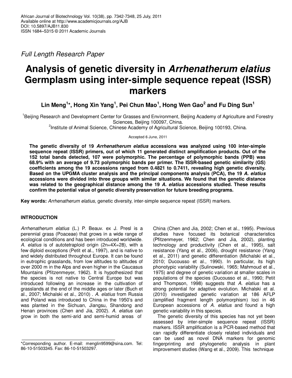 Analysis of Genetic Diversity in Arrhenatherum Elatius Germplasm Using Inter-Simple Sequence Repeat (ISSR) Markers