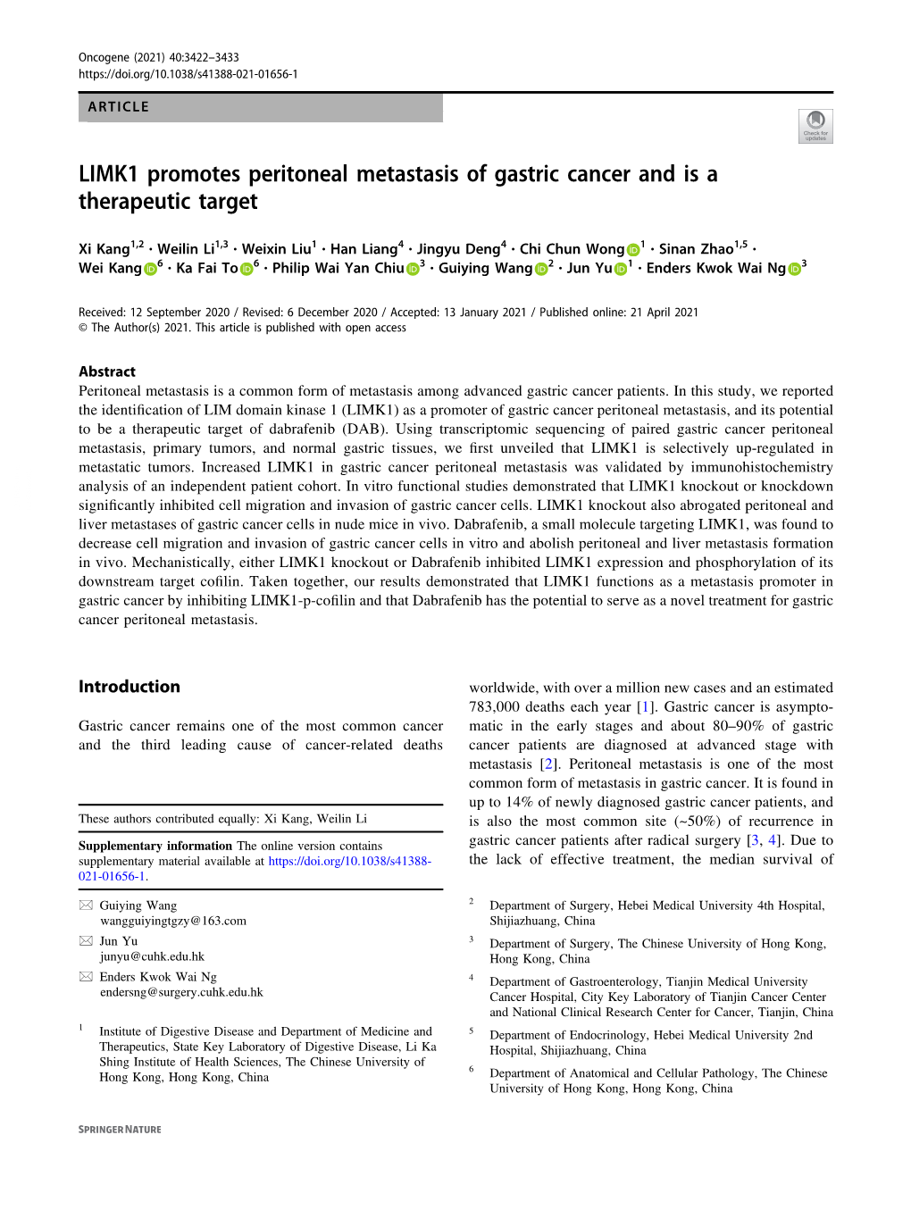 LIMK1 Promotes Peritoneal Metastasis of Gastric Cancer and Is a Therapeutic Target