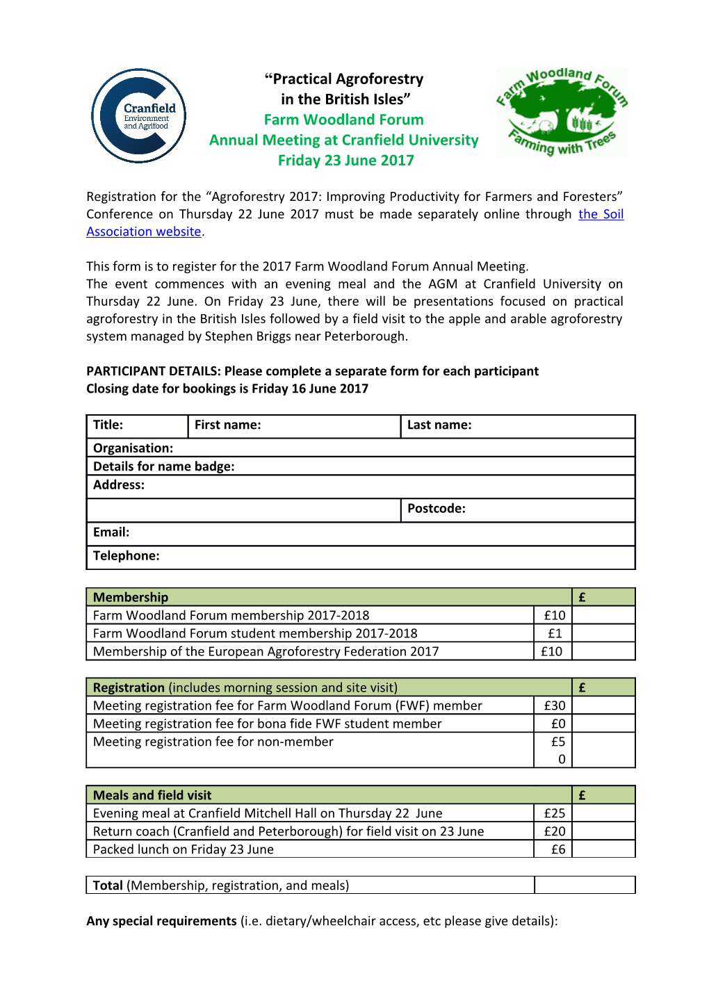 This Form Is to Register for the 2017 Farm Woodland Forum Annual Meeting