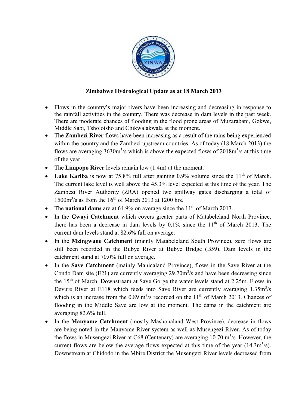 Zimbabwe Brief Hydrological Update 18 March 2013.Pdf