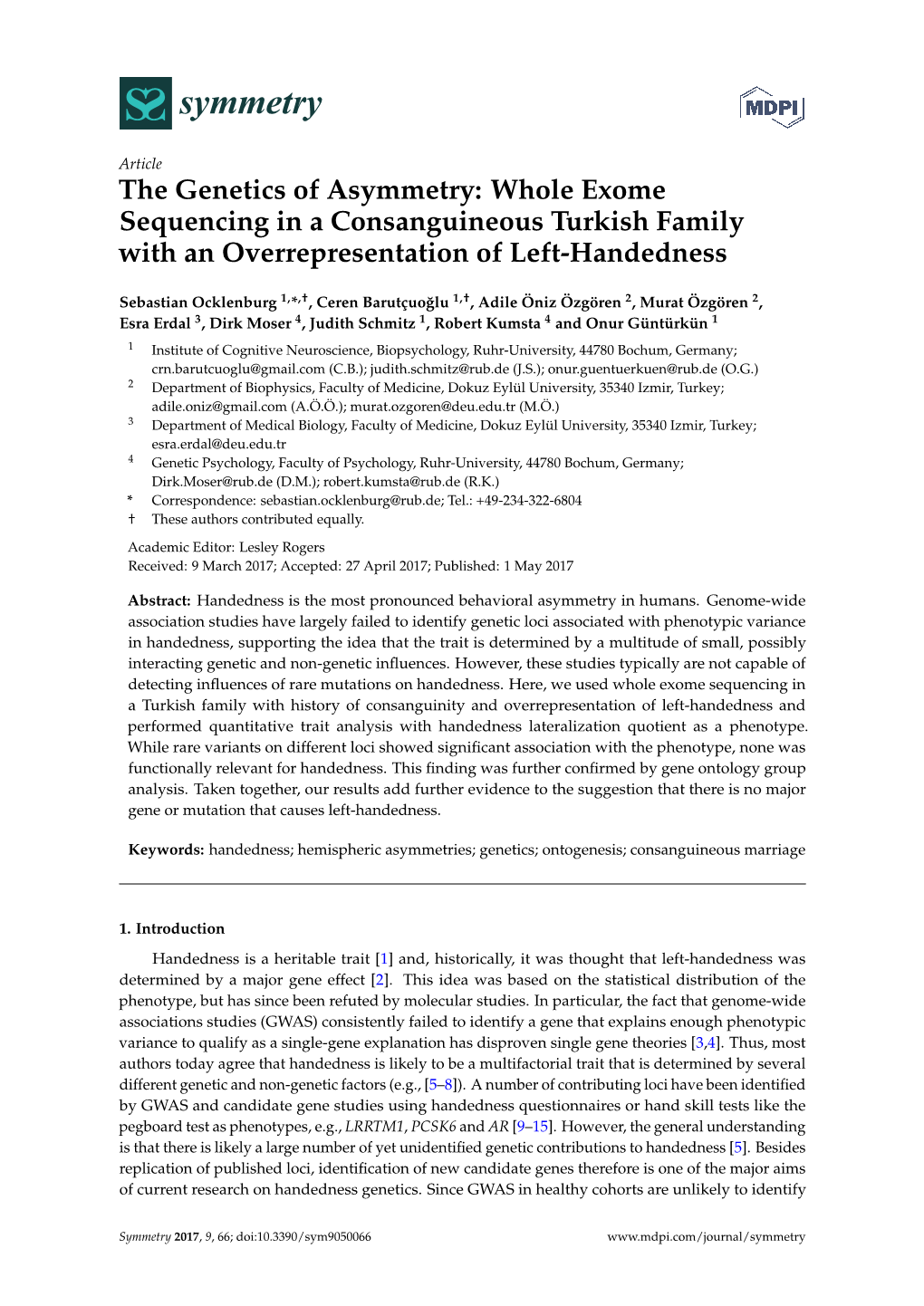 The Genetics of Asymmetry: Whole Exome Sequencing in a Consanguineous Turkish Family with an Overrepresentation of Left-Handedness