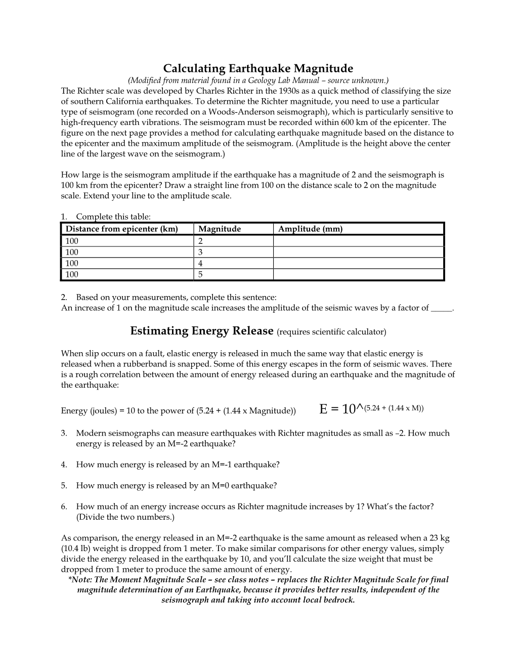 Calculating Earthquake Magnitude