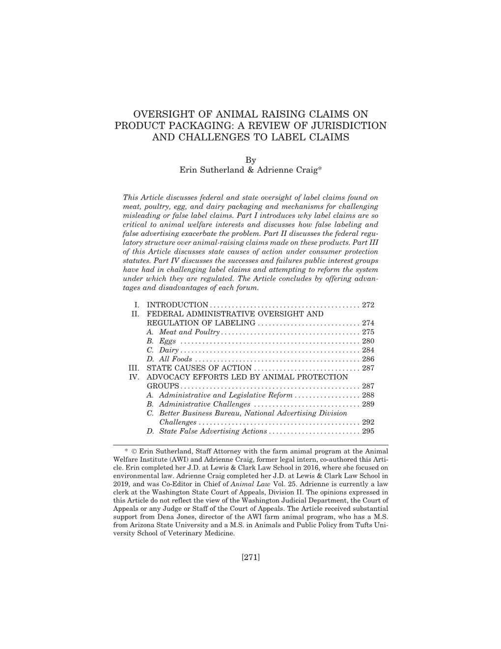 Oversight of Animal Raising Claims on Product Packaging: a Review of Jurisdiction and Challenges to Label Claims