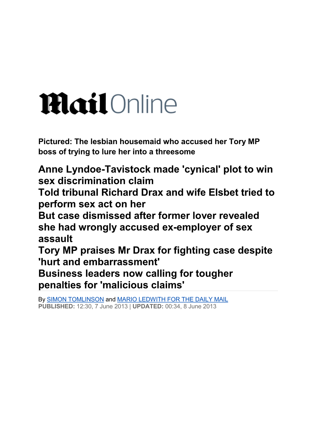 Anne Lyndoe-Tavistock Made 'Cynical' Plot to Win Sex