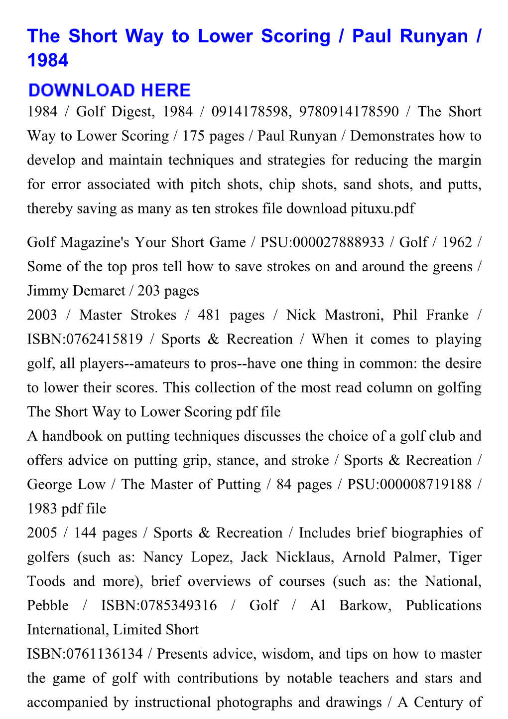 The Short Way to Lower Scoring / Paul Runyan / 1984