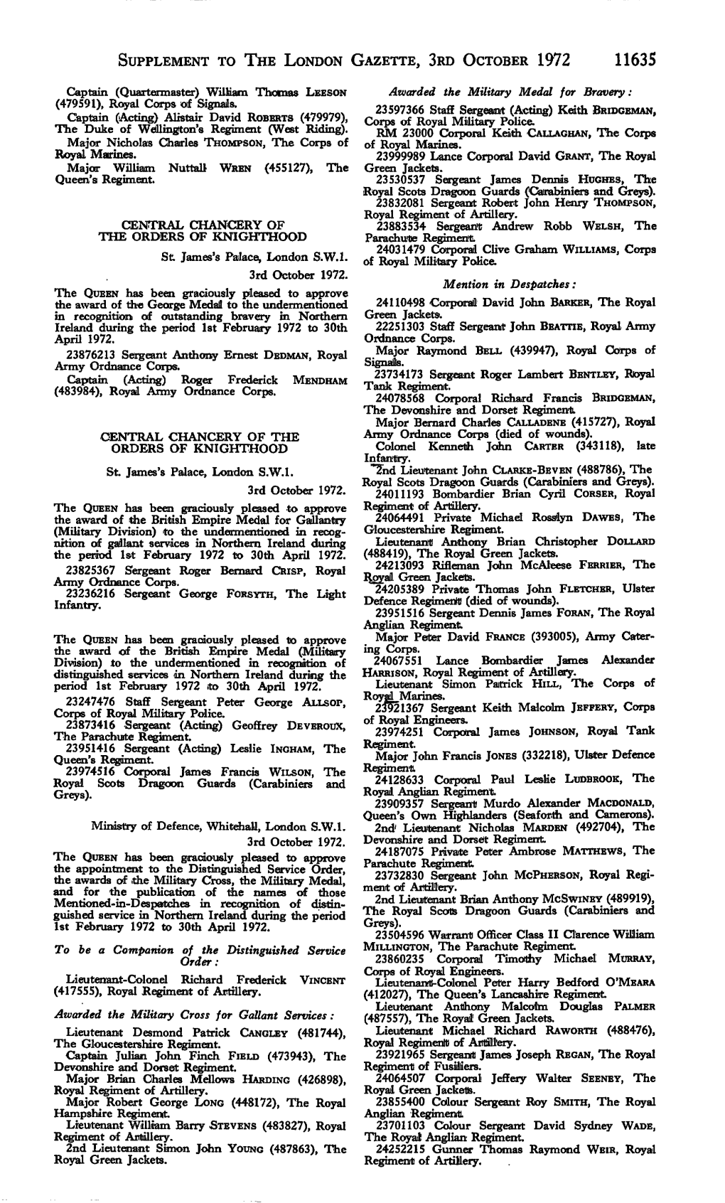 Supplement to the London Gazette, Srd October 1972 11635