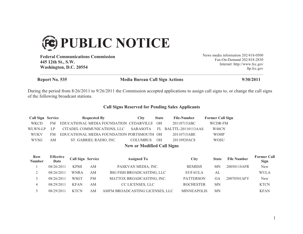 PUBLIC NOTICE Federal Communications Commission News Media Information 202/418-0500 Fax-On-Demand 202/418-2830 445 12Th St., S.W