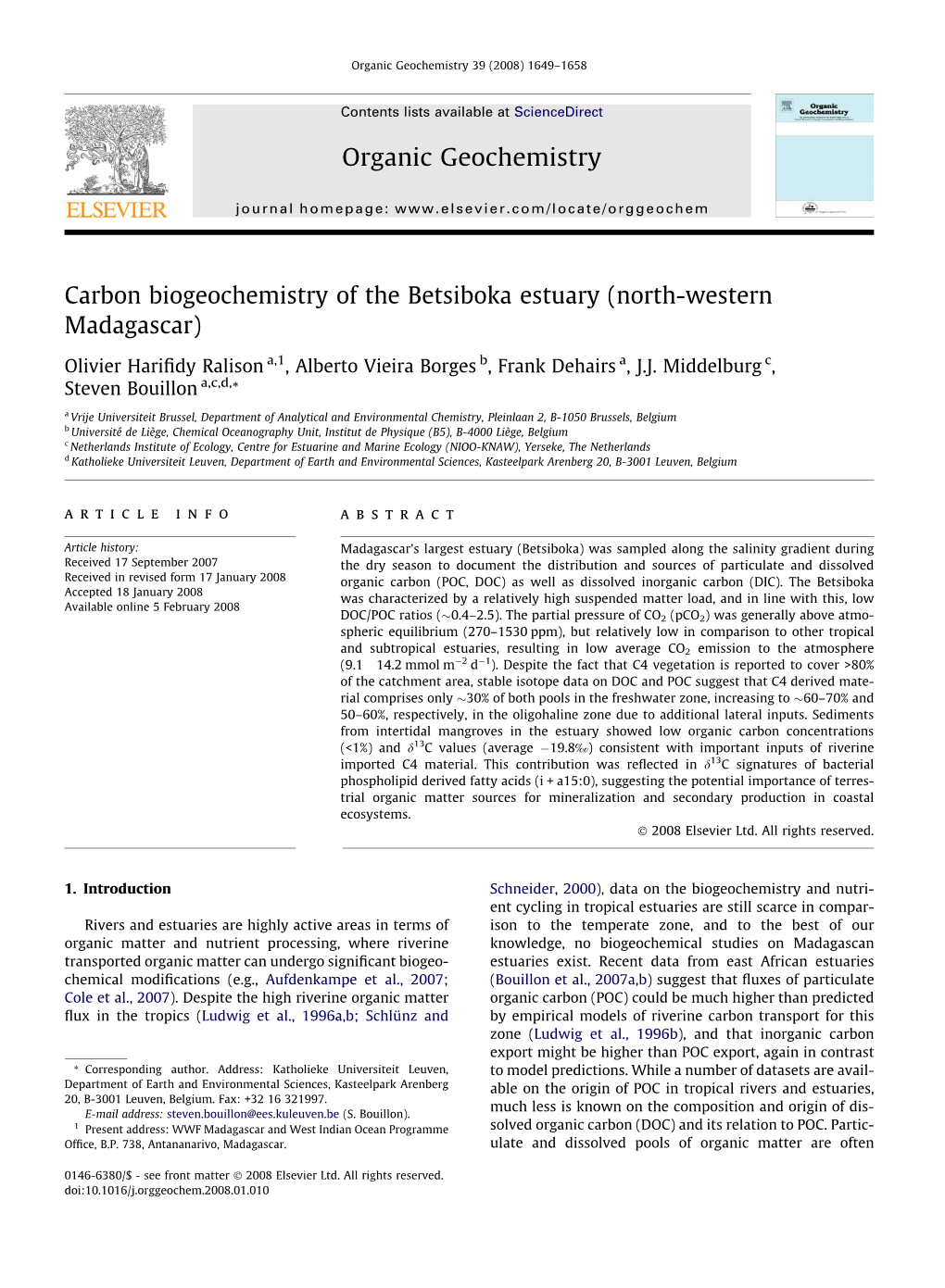 Carbon Biogeochemistry of the Betsiboka Estuary (North-Western Madagascar)