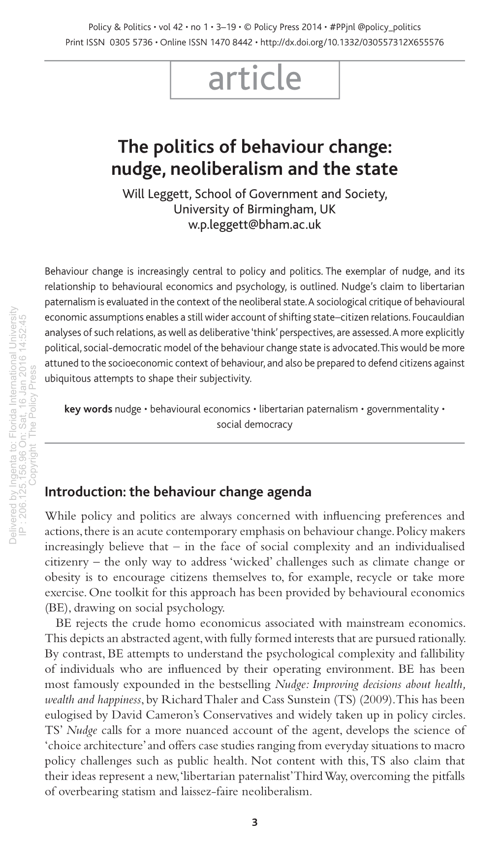 The Politics of Behaviour Change: Nudge, Neoliberalism and the State