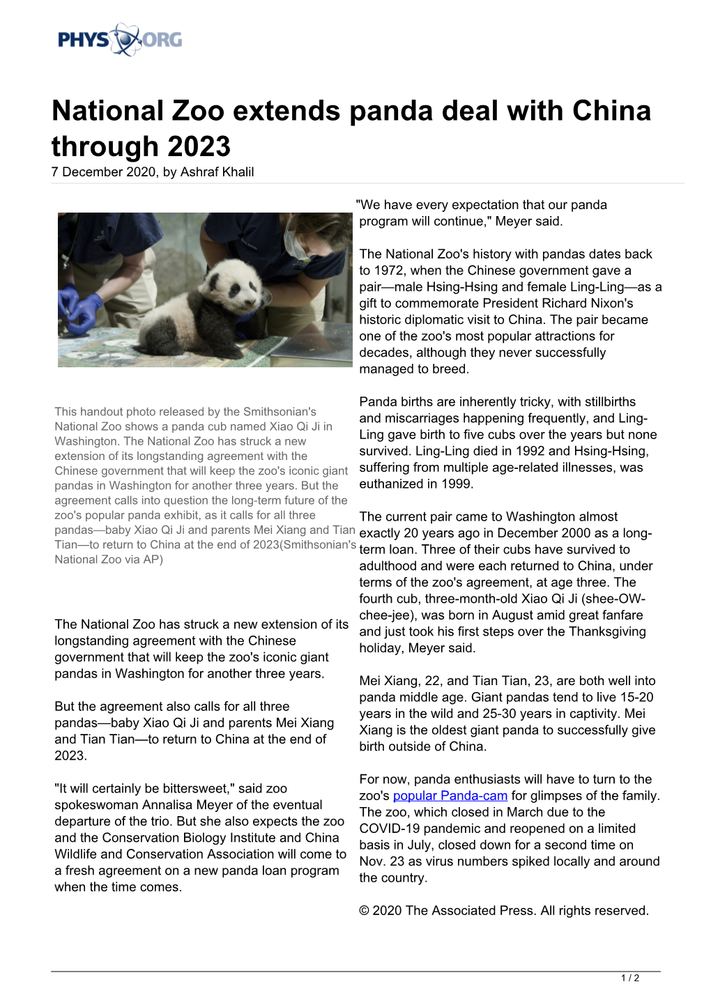 National Zoo Extends Panda Deal with China Through 2023 7 December 2020, by Ashraf Khalil