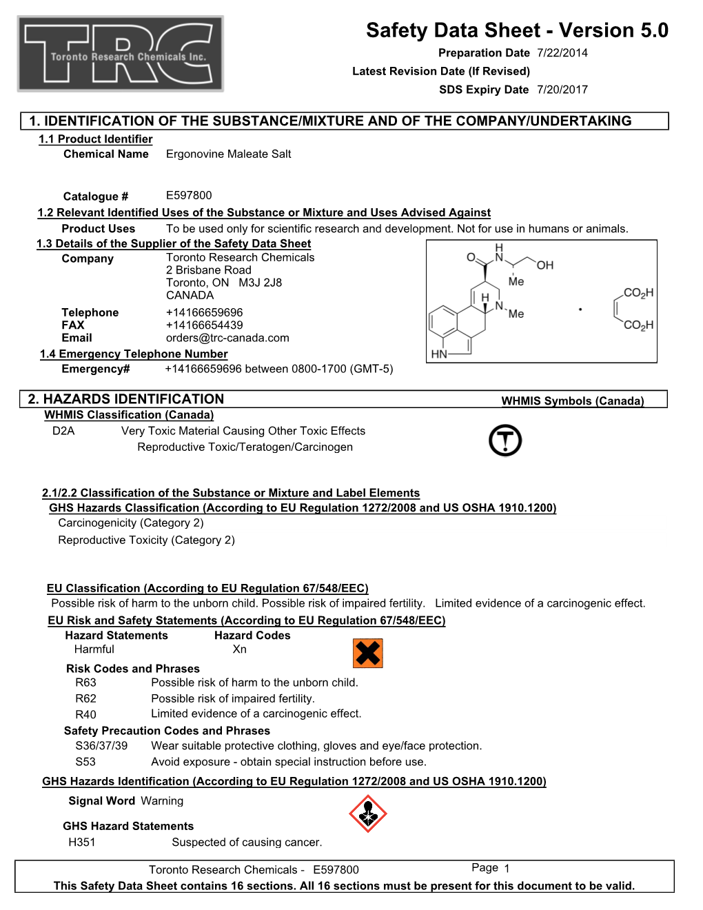 Safety Data Sheet - Version 5.0 Preparation Date 7/22/2014 Latest Revision Date (If Revised) SDS Expiry Date 7/20/2017