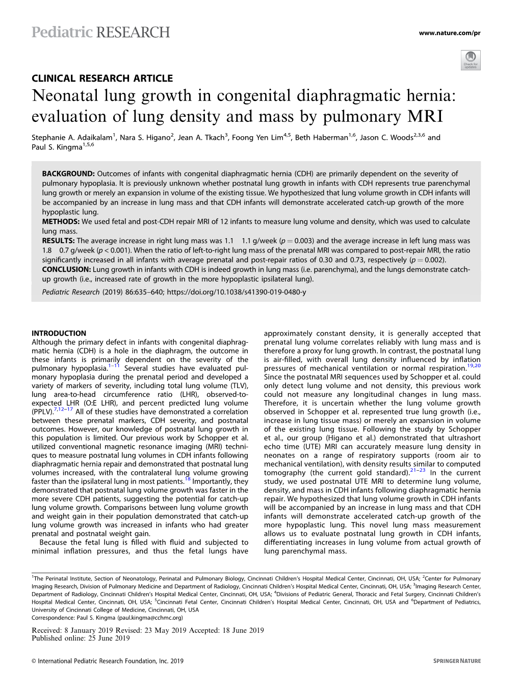 Neonatal Lung Growth in Congenital Diaphragmatic Hernia: Evaluation of Lung Density and Mass by Pulmonary MRI