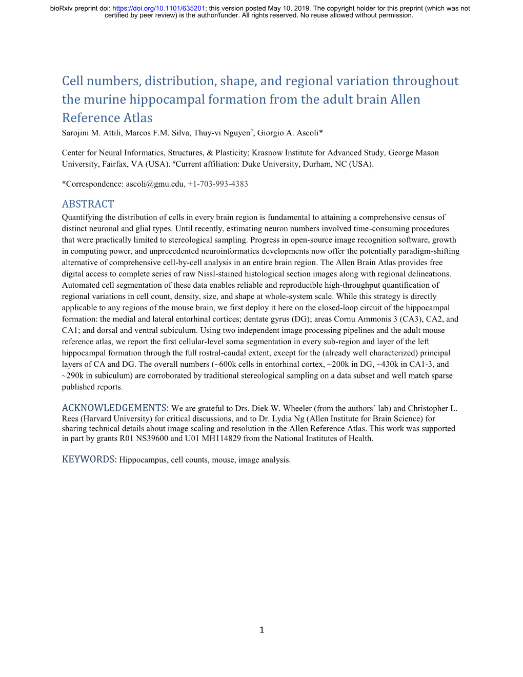 Cell Numbers, Distribution, Shape, and Regional Variation Throughout the Murine Hippocampal Formation from the Adult Brain Allen Reference Atlas Sarojini M