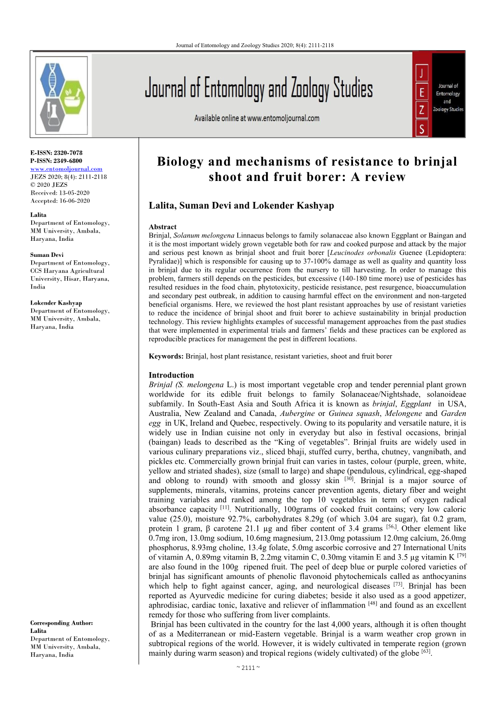 Biology and Mechanisms of Resistance to Brinjal Shoot and Fruit Borer