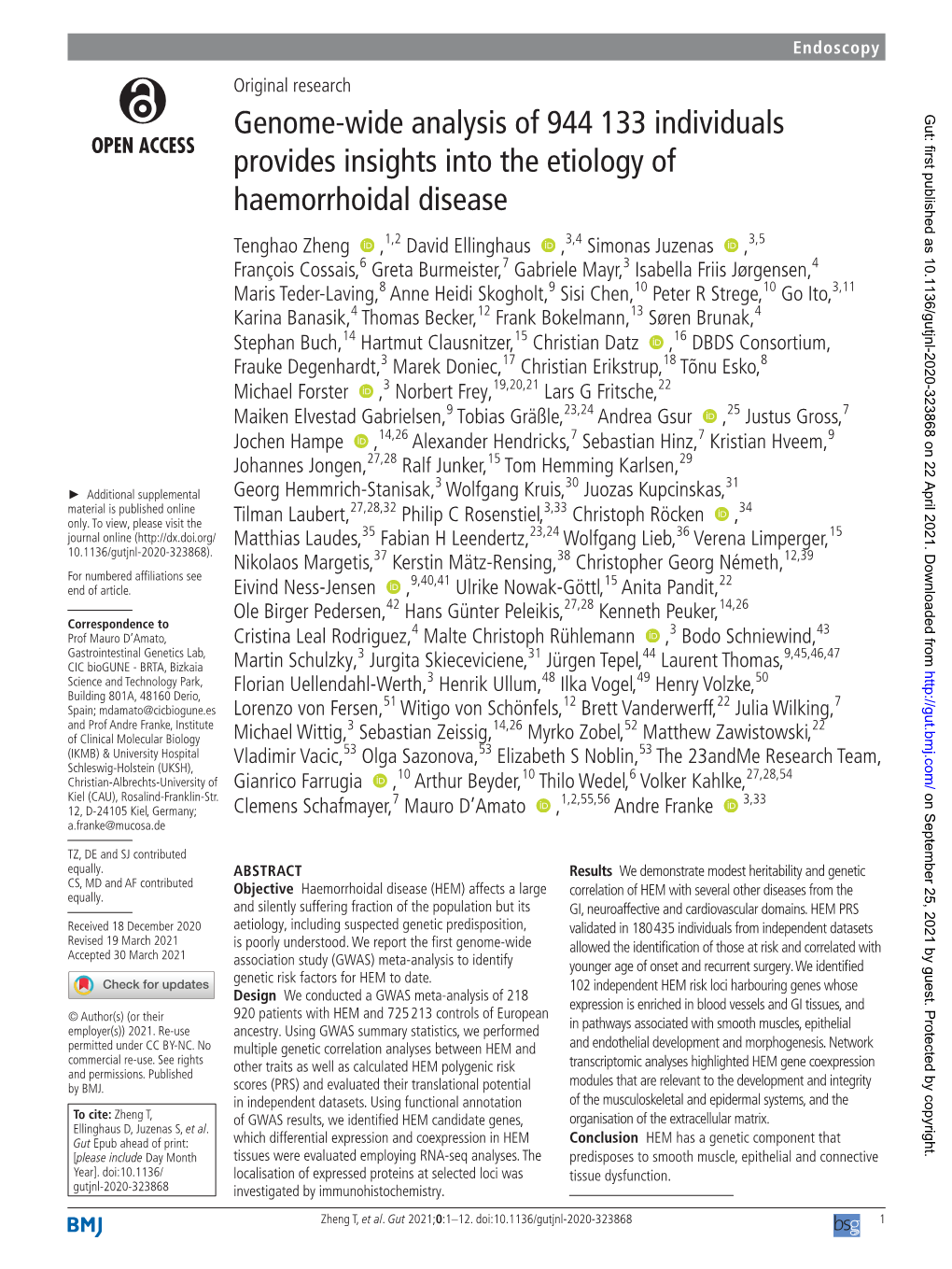 Genome-Wide Analysis of 944 133 Individuals Provides Insights Into the Etiology of Haemorrhoidal Disease