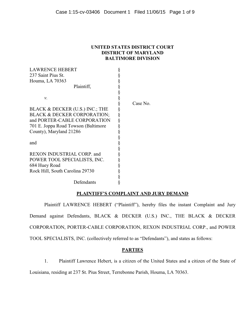 Case 1:15-Cv-03406 Document 1 Filed 11/06/15 Page 1 of 9