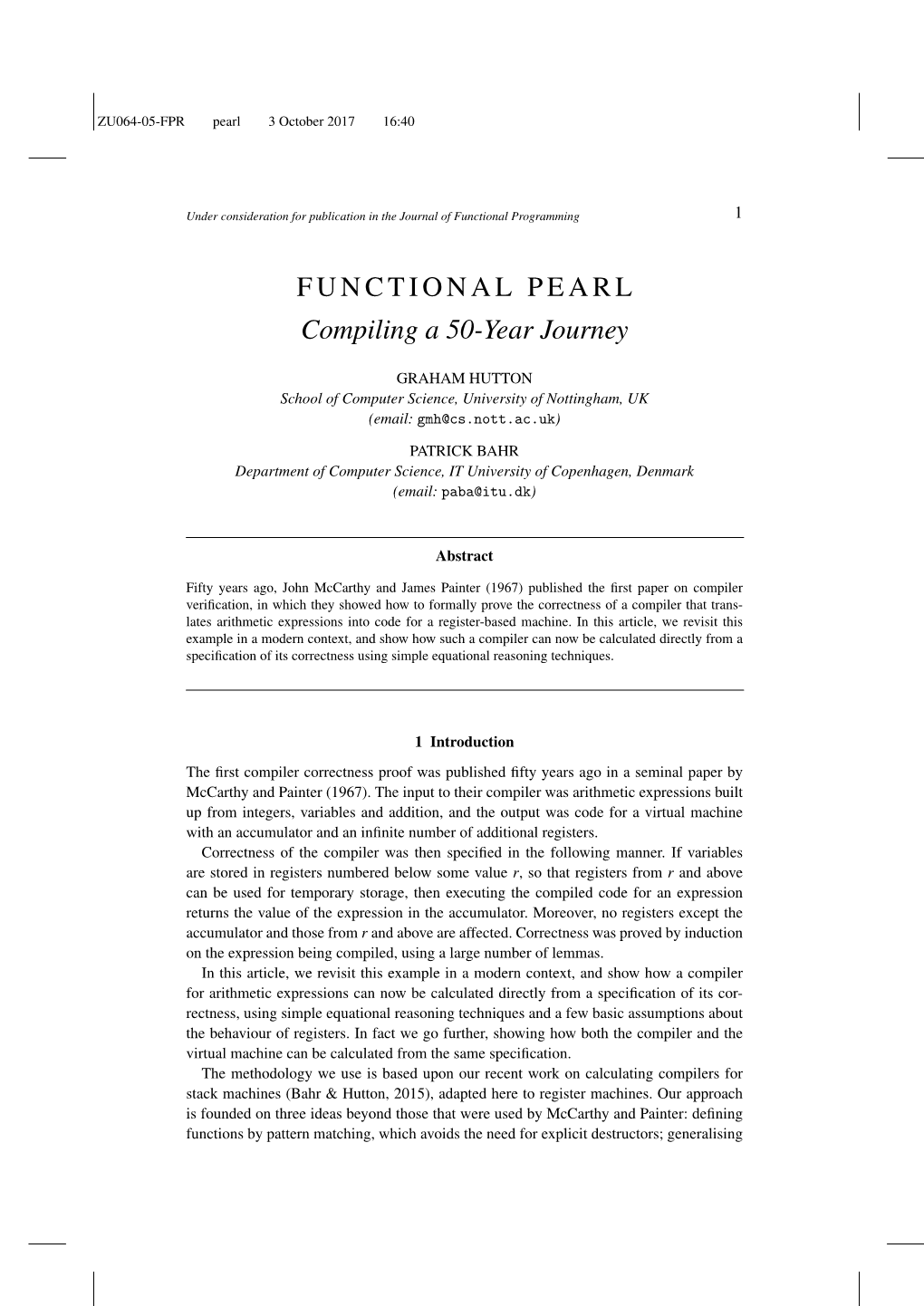 FUNCTIONAL PEARL Compiling a 50-Year Journey