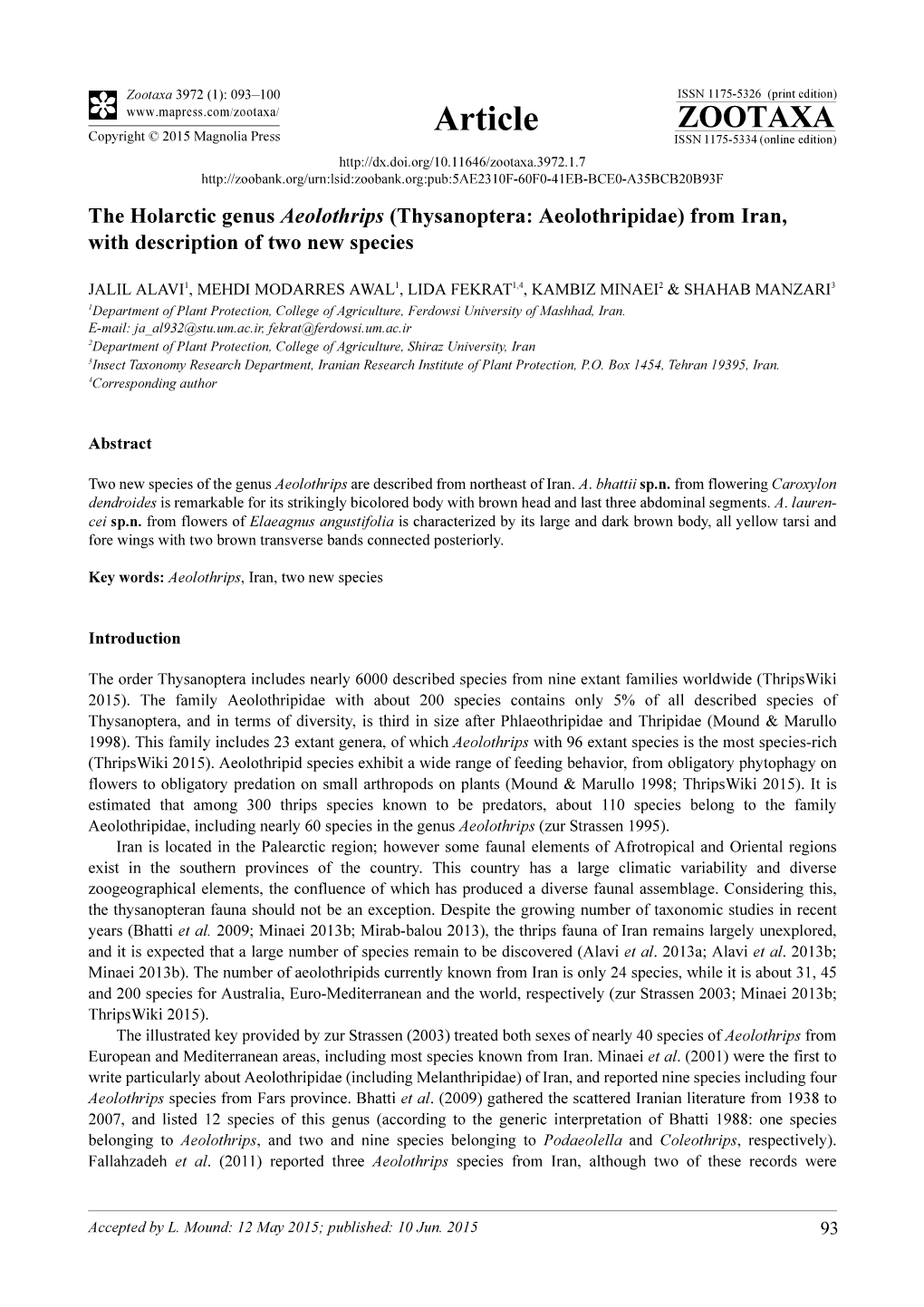 The Holarctic Genus Aeolothrips (Thysanoptera: Aeolothripidae) from Iran, with Description of Two New Species