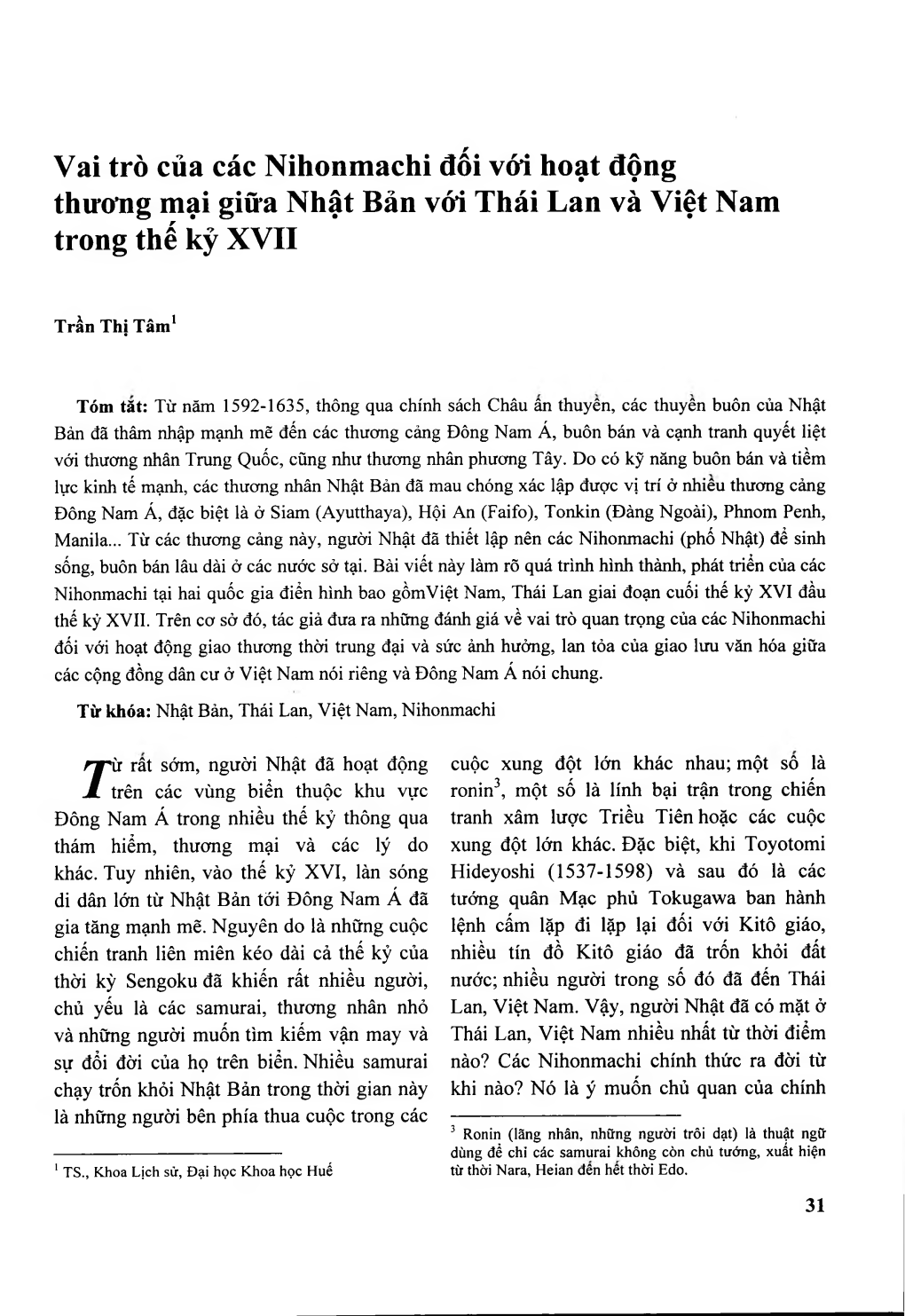 Vai Trò Của Các Nihonmachi Đối Với Hoạt Động Thưoìig Mại Giữa Nhật Bản Vói Thái Lan Và Việt Nam Trong Thế Kỷ XVII